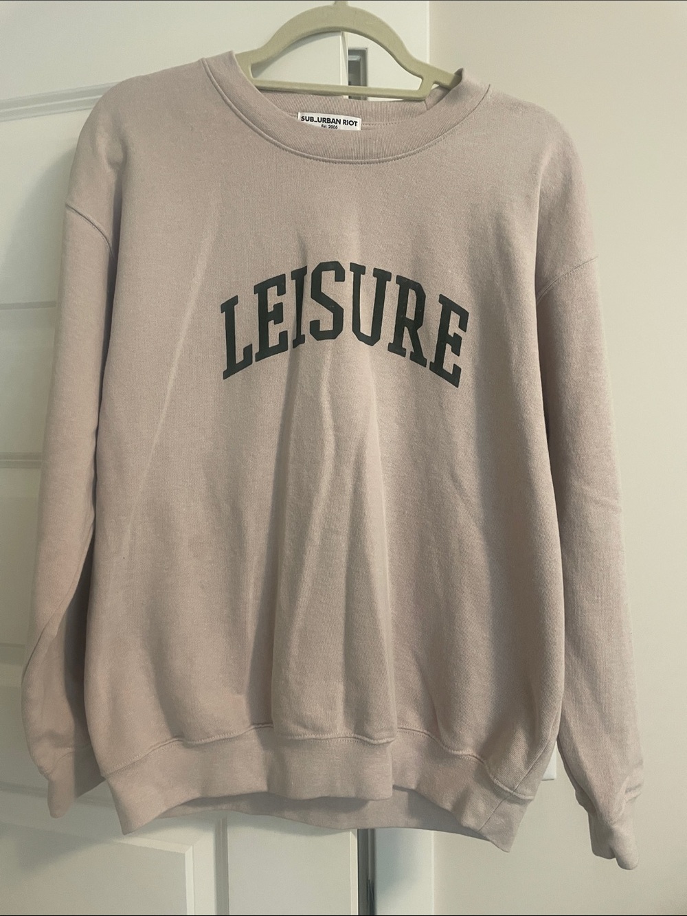 Sub_Urban Riot Crewneck Sweatshirt in Light tan with 'LEISURE' Print